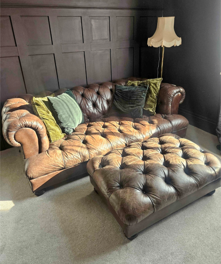 Beautiful tetrad Drummond 3 seater chesterfield sofa with matching footstool.