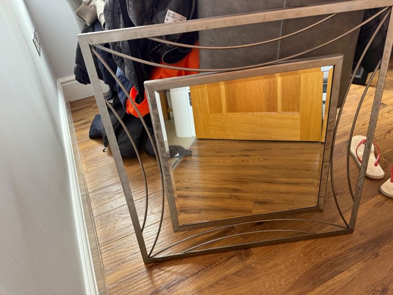 Large Grey Metal Square Mirror – Good Condition