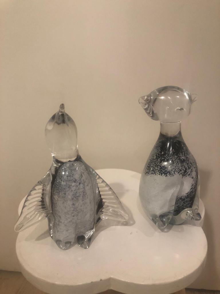 Pair of Glass Penguin & Cat Figurines 