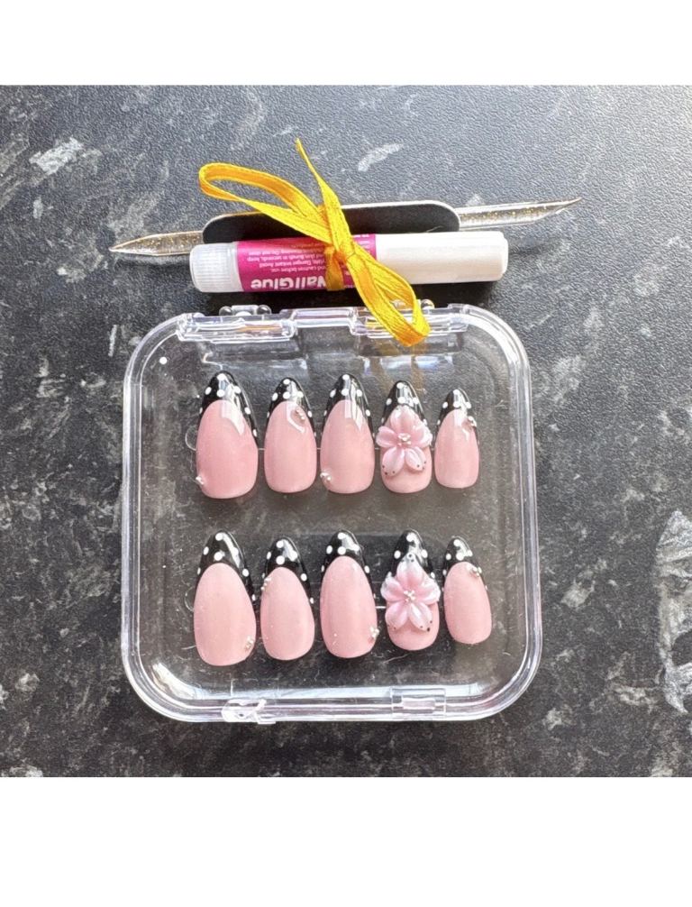 New Press-On Nails with Glue and Tools – Pink & Black French Tip