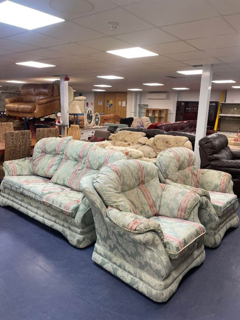 Green/ Pink Striped 3 Seater Sofa & 2 Armchairs Set TCL Reuse 100694