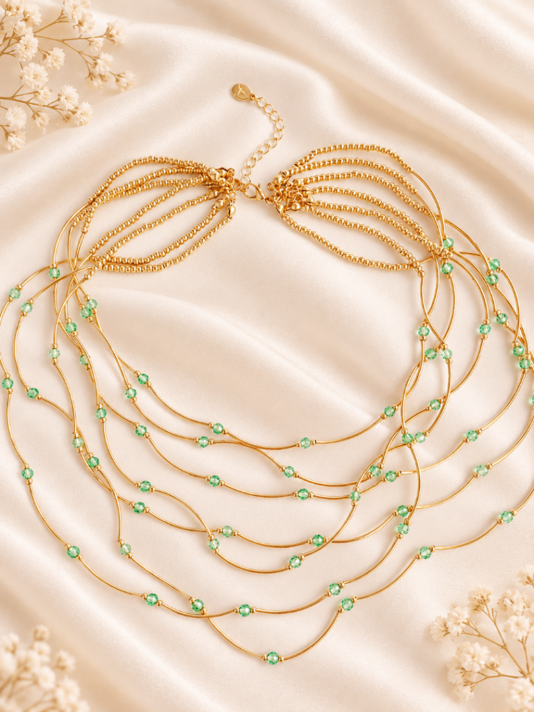 Layered Necklace Green Beads Gold Tone Multi Strand Chain Statement Gift for Her