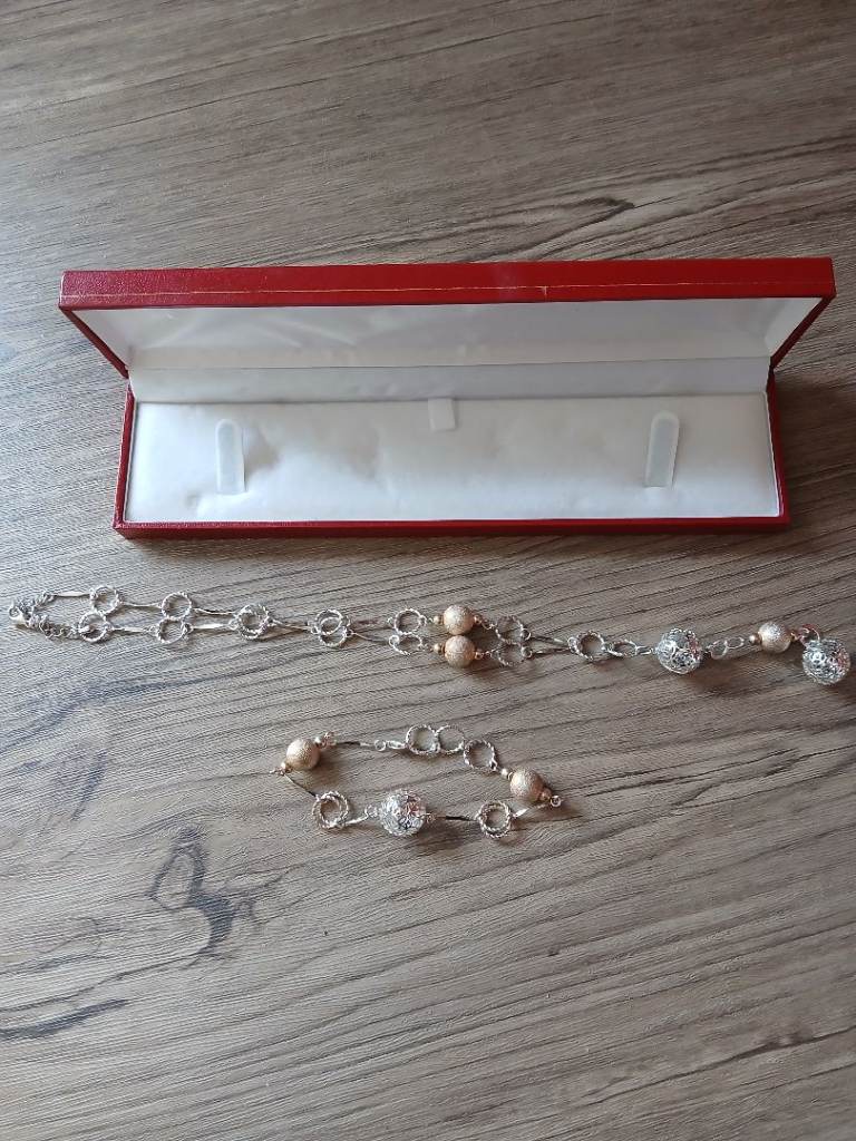 Silver-Tone Necklace and Bracelet Set with Beads and Presentation Box