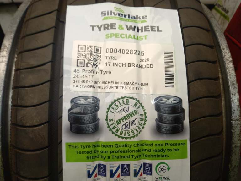 245 45 R17 99y Michelin Primacy 4 6mm Partworn Pressurte Tested Tyre