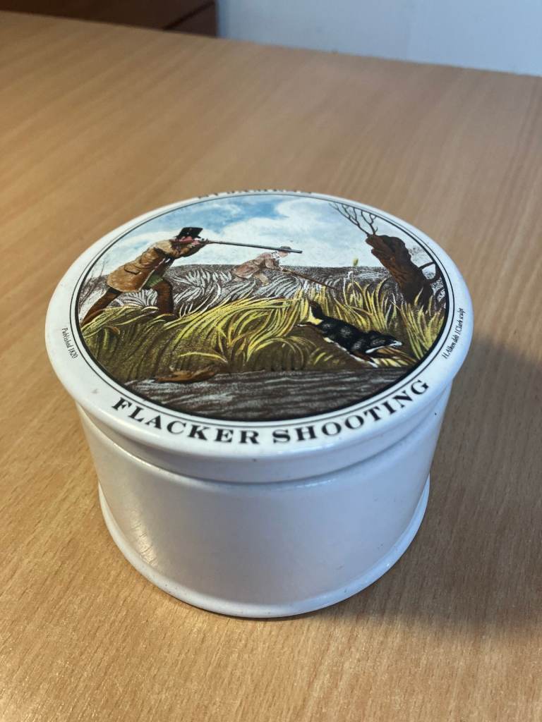 Vintage St. James’s ‘Flacker Shooting’ Porcelain Pot with Lid.
