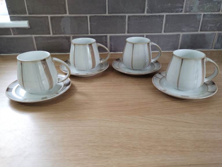 Denby Truffle stoneware Barrel mugs & saucers x 4. Unused.