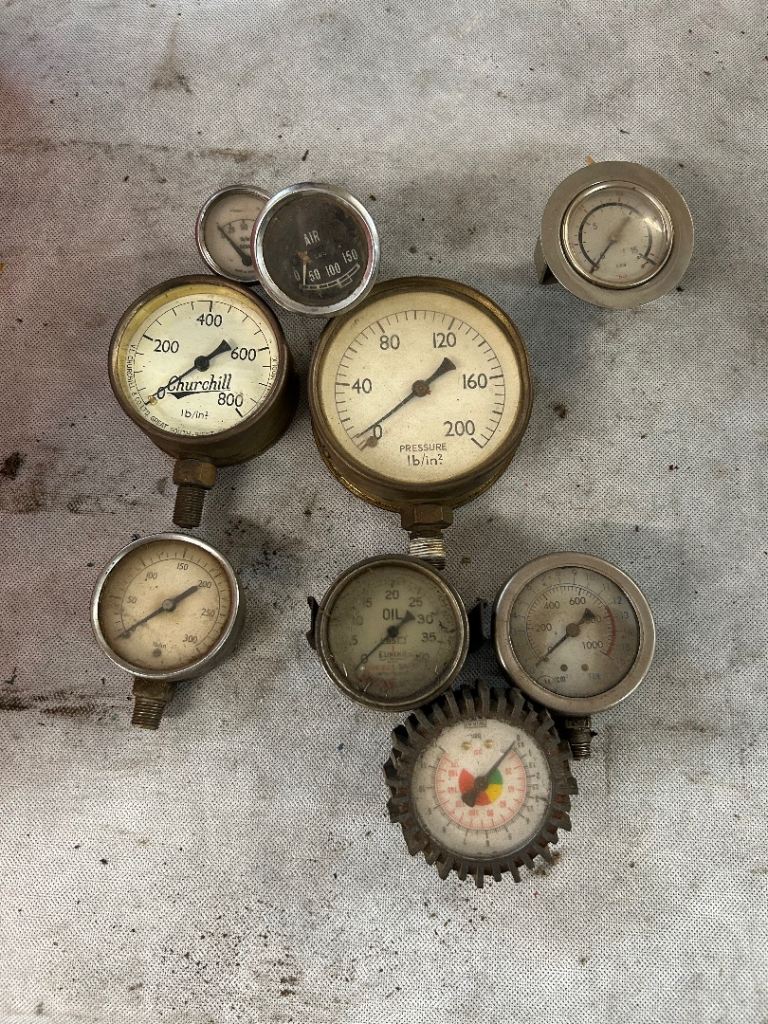 Job Lot of 9 Vintage Pressure Gauges – Fair Condition