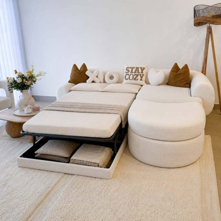 Luxury Curved 3-Seater Convertible Sofa Bed - White Boucle