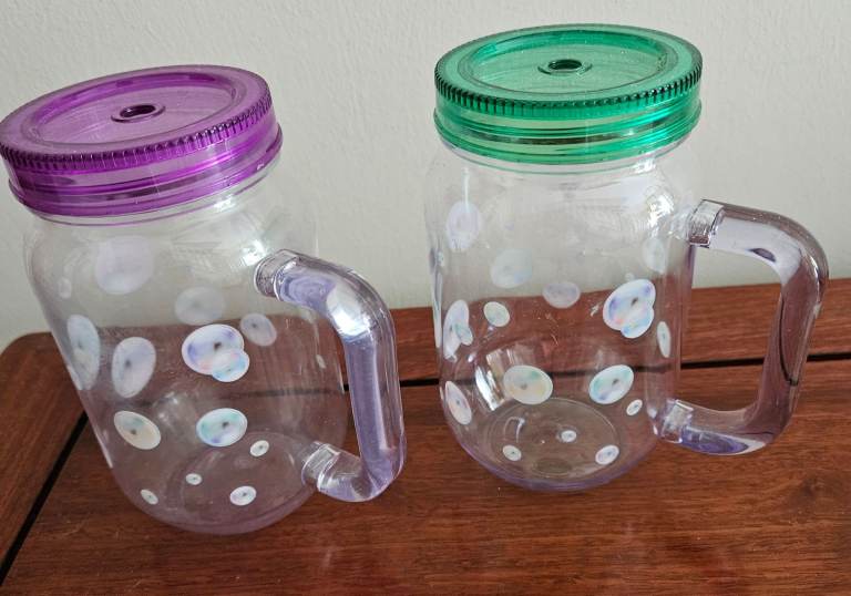 2 x Plastic Jam Jar Style Beakers with Screw-Top Lids