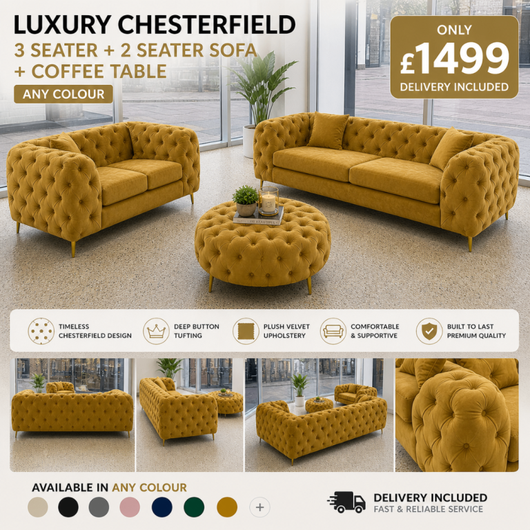 Luxury Chesterfield 3 + 2 Seater Sofa Set & Coffee Table