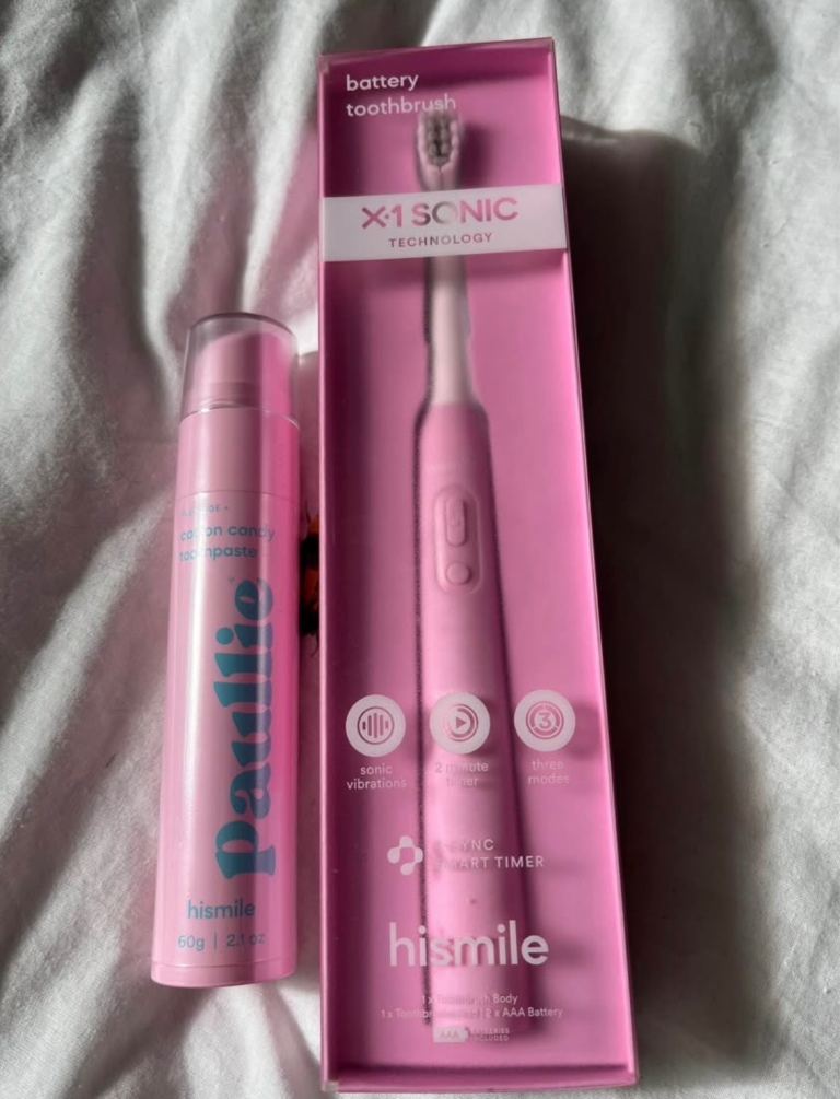 Pink hismile electric Toothbrush and cotton candy toothpaste 