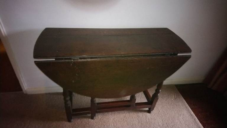 Antique 18th century oak plank top drop leaf side or dining table