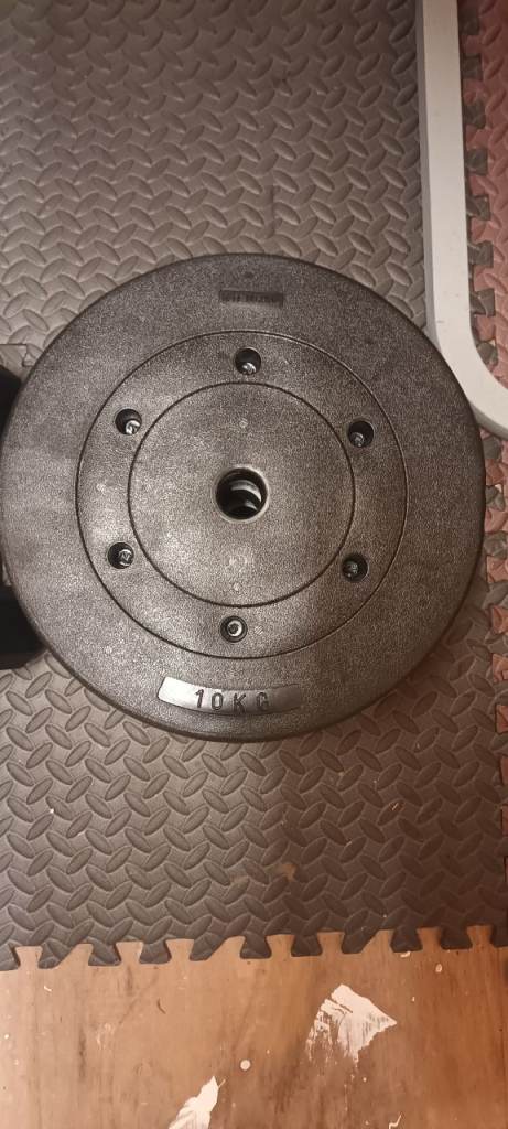 Dumbells, weight plates, barbell, weight bench and rowing machine