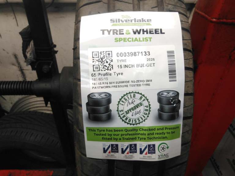 185 65 R16 88h Sunwide Rs-Zero 5mm Partworn Pressure Tested Tyre