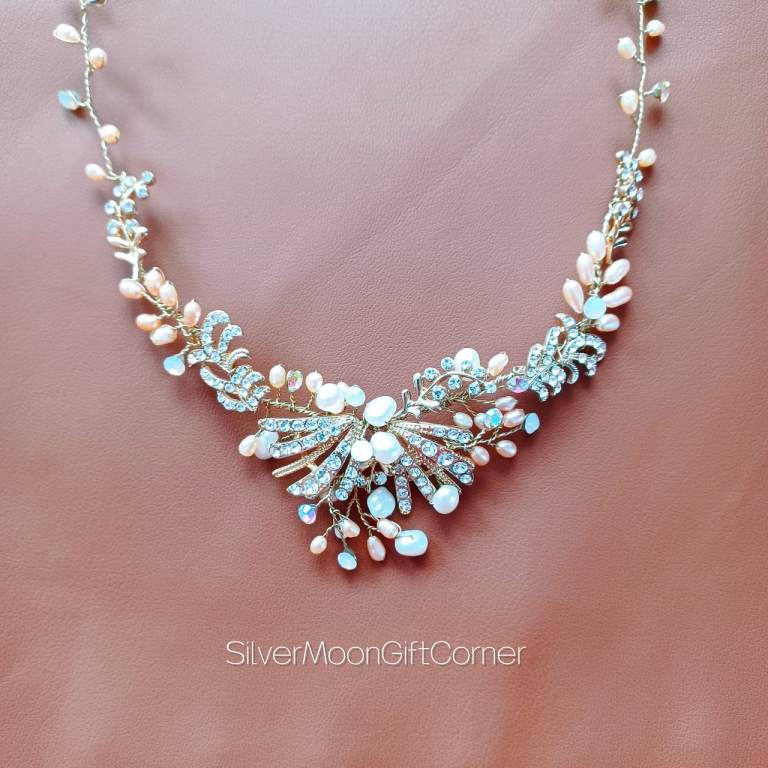 Pearl Crystal Statement Necklace Handmade Wedding Bridal Floral Leaf Gift Trendy