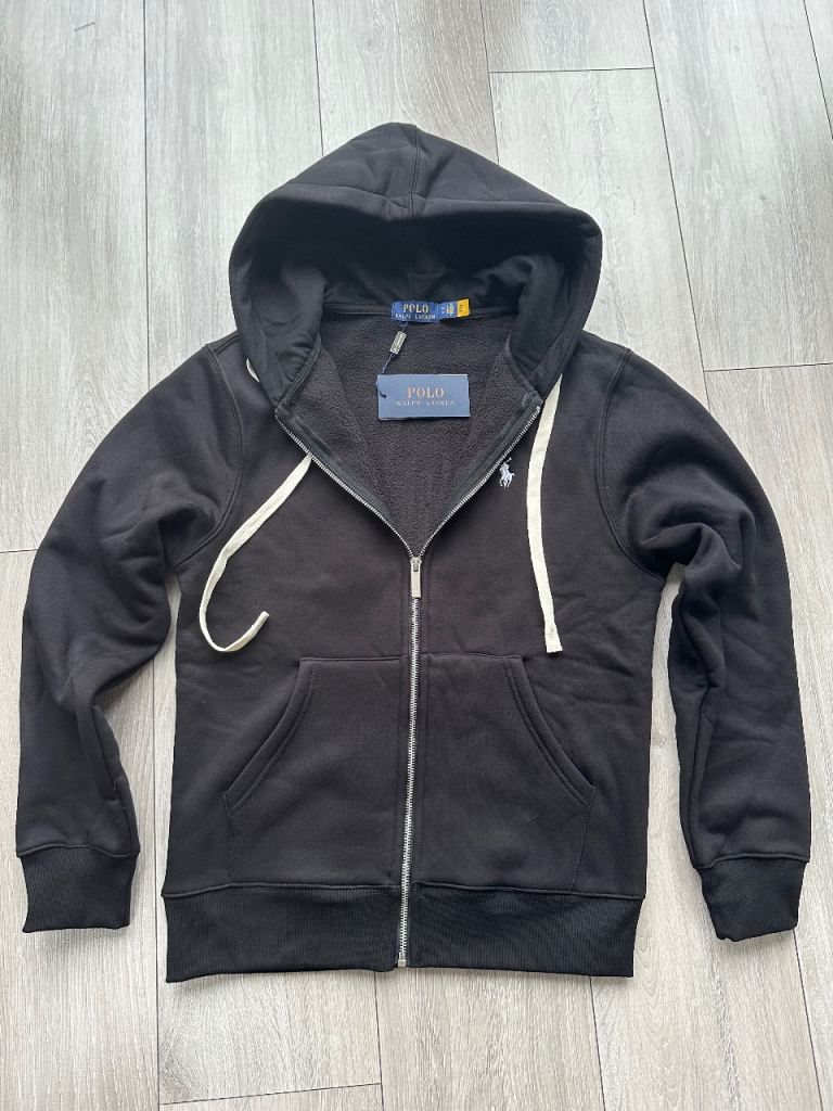 ralph lauren black zip up hoodie white logo 