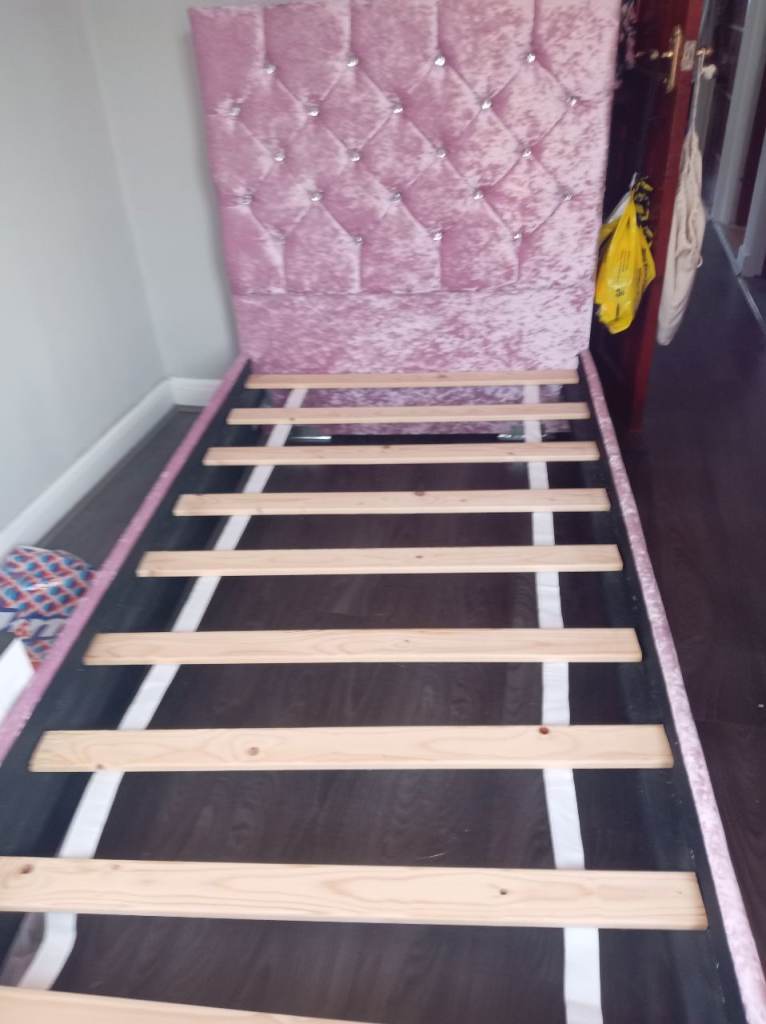 Single Slatted bedframe with crushed velvet headboard and footboard