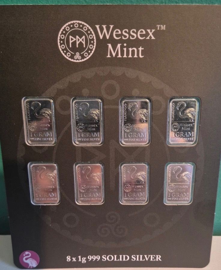 Set of eight 1-gram solid silver bars from Wessex Mint