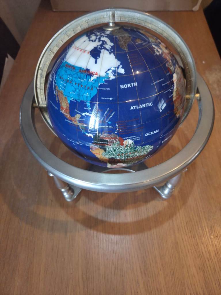  Semi-Precious Inlaid Stone Globe With Brass Stand
