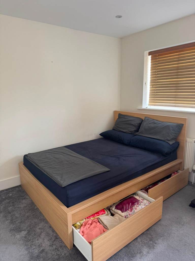 IKEA Wooden Double Bed Frame & 2 Storage Drawers - WITHOUT Mattress