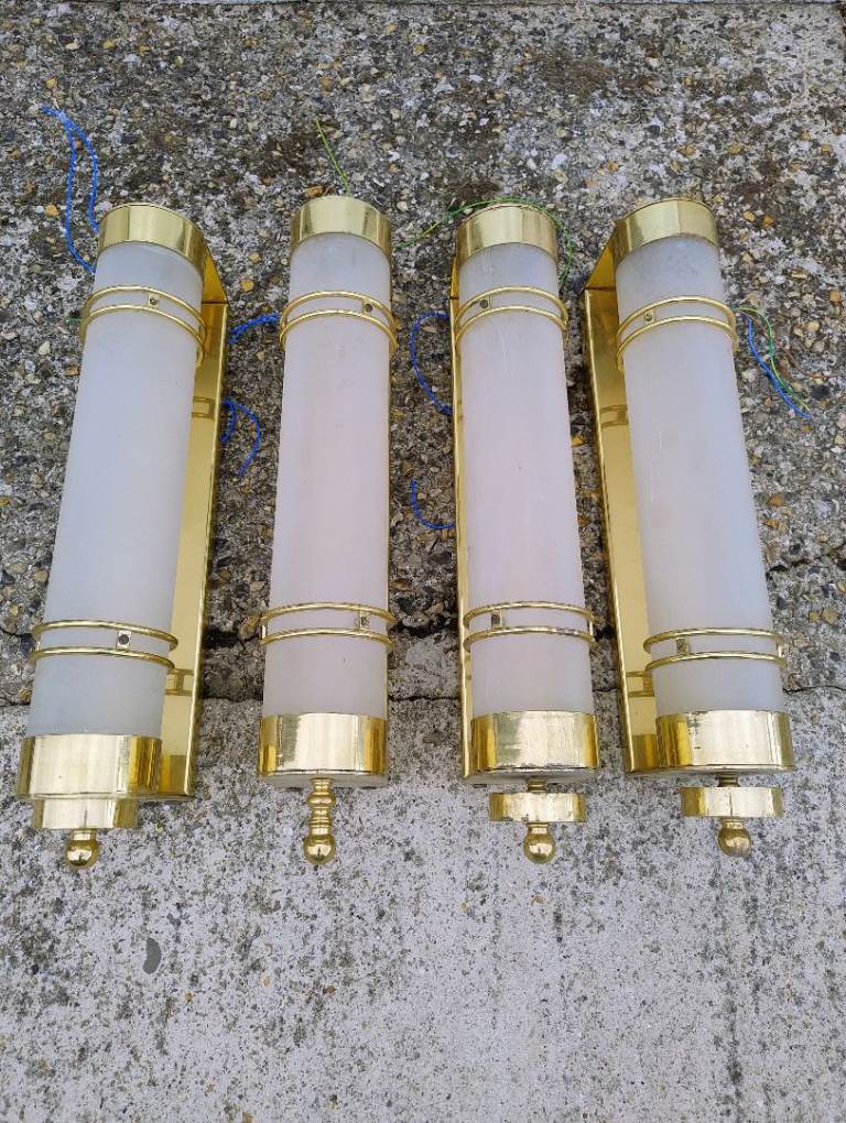 Set of Four Art Deco Wall Lights with Brass Fittings and Frosted Glass
