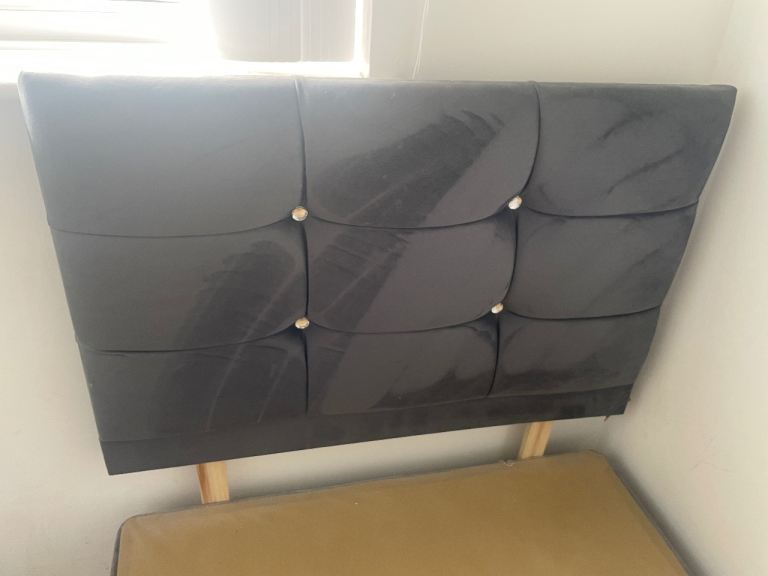 Single grey bed base with Grey Velvet Tufted Headboard with Crystal Buttons – Good Condition