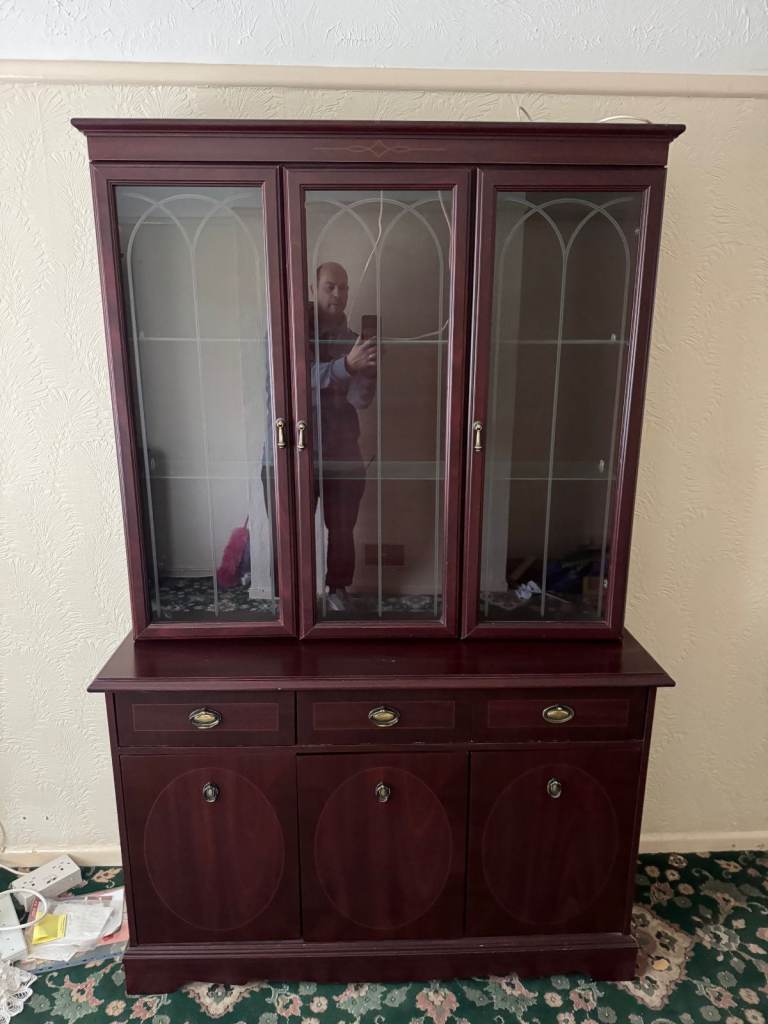 Large oak effect wooden display cabinet