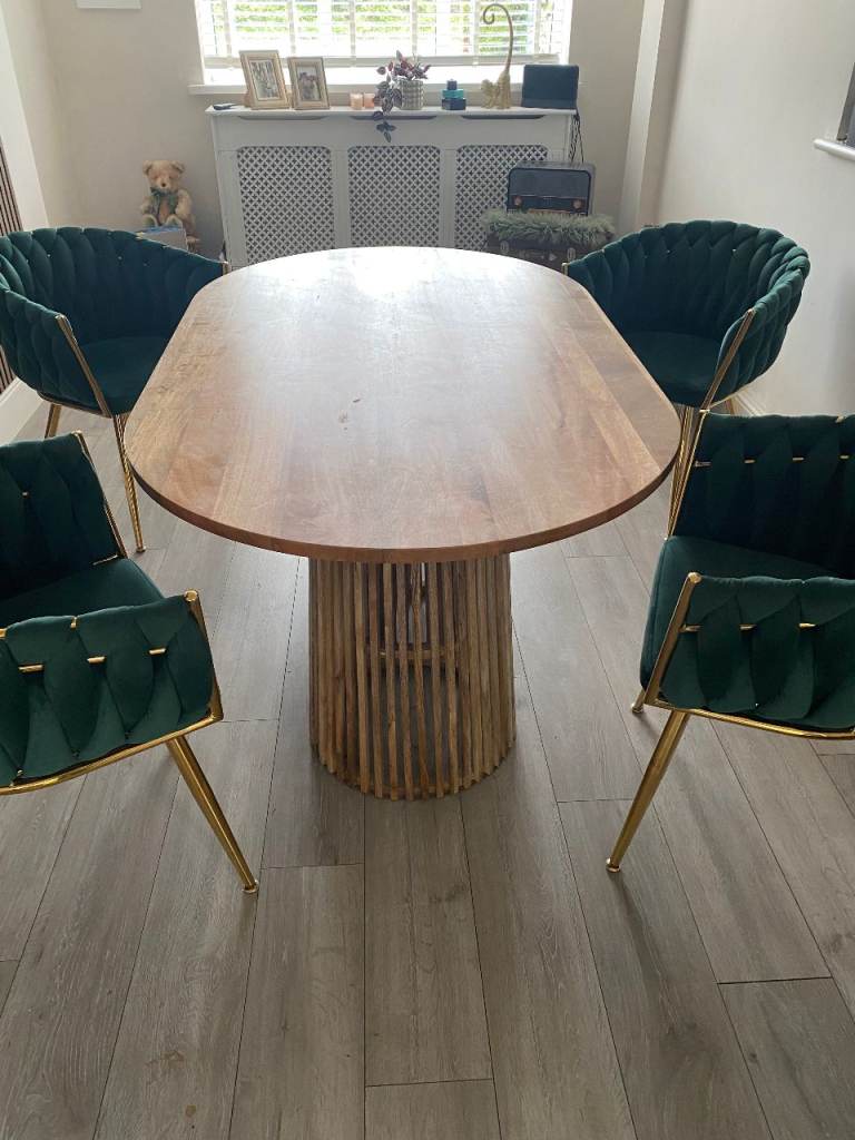 Dining Table plus 4 forest green velvet/gold leg chairs