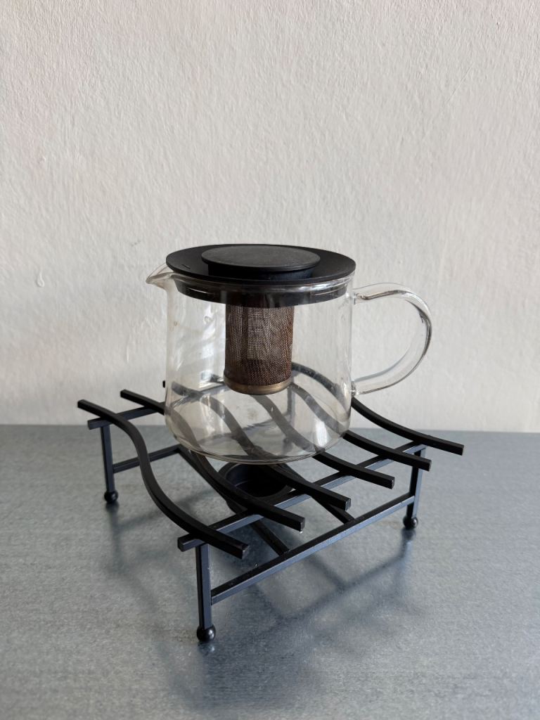 Teapot and Warmer Stand – Black Metal, Good Condition