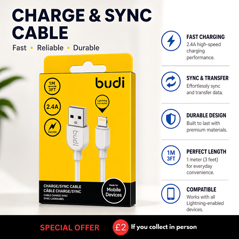 Budi Lightning Cable 1M 3ft 2.4A Fast Charge & Sync USB Cable for iPhone iPad