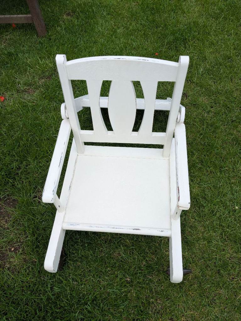 Lovely Vintage Wooden White Painted Child's Chair 1930/40's? With Original Wheels 