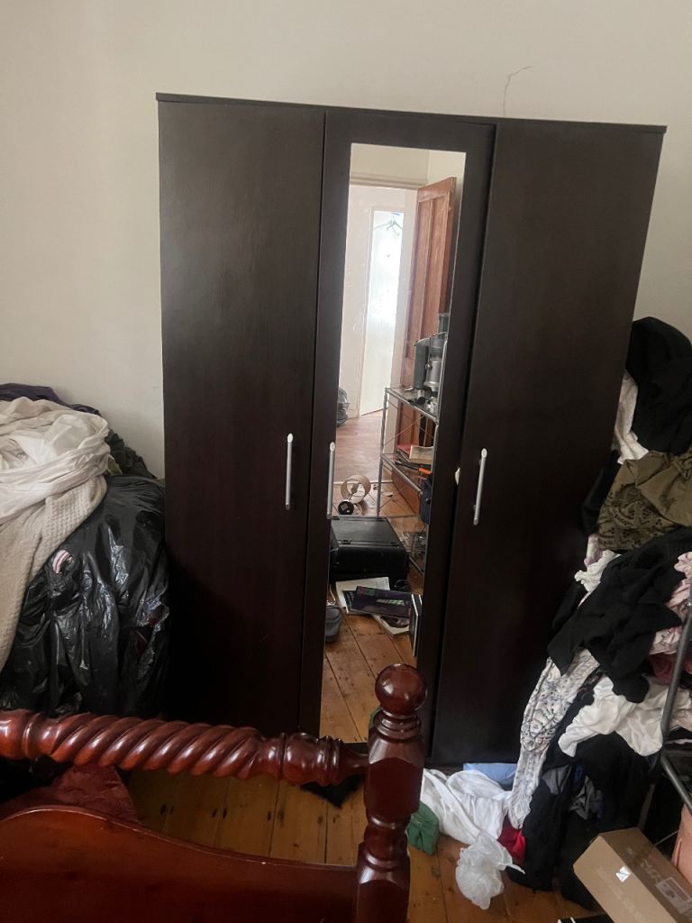 Dark Brown Triple Wardrobe with Mirror – Good Condition