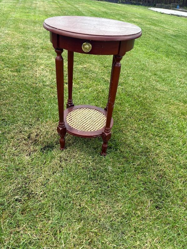 Small Wooden Oval Side Table with Cane Shelf – Good Condition