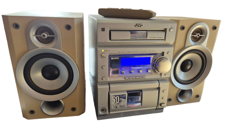 image for JVC mini stereo, cd and tape player and radio. Great sound. Some marks on speaker covers see pics.