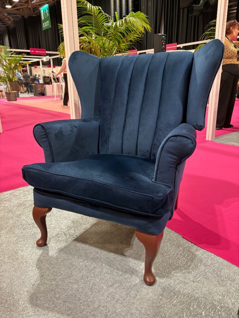 Stunning Blue Velvet Wingback Armchair with a fluted back – As Good As New