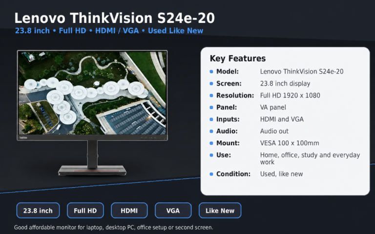 Lenovo ThinkVision S24e-20 Monitor 23.8 inch Full HD Used Like New