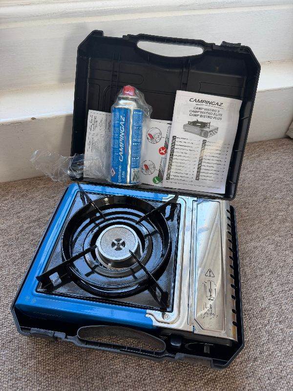 CampingAZ stove, box, and new butane