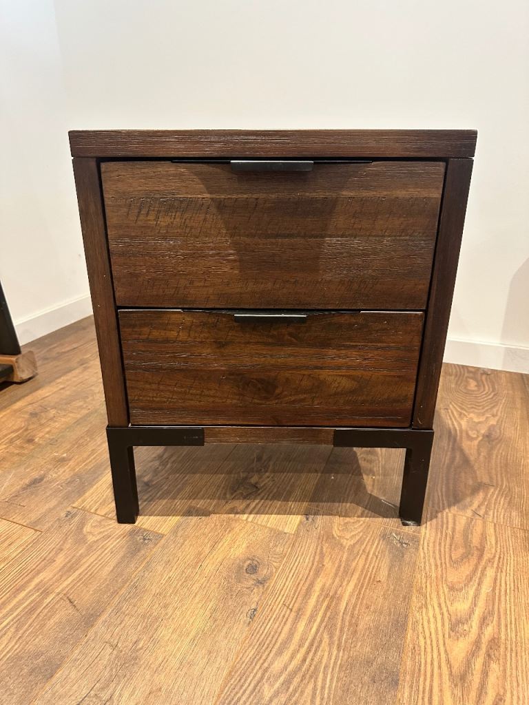 Dark Wood & Black Metal Bedside Table with Two Drawers 