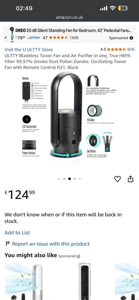 ULTTY R21 Bladeless Tower Fan and Air Purifier – Brand New