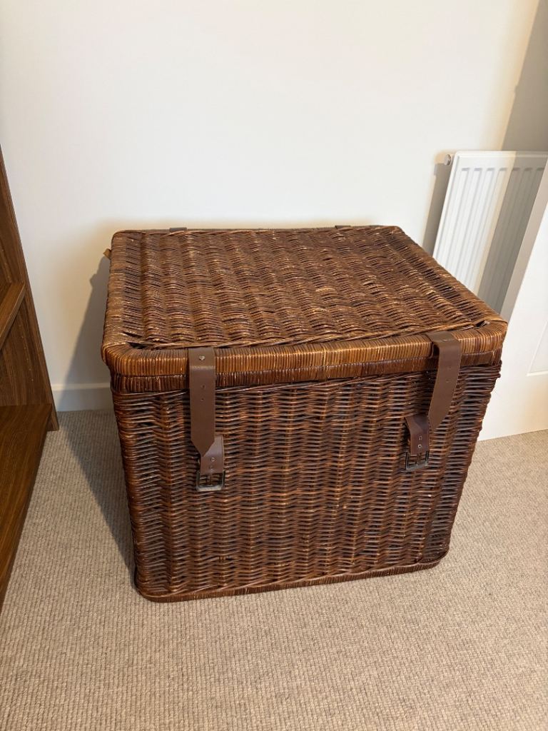 Large Wicker Storage Chest with Leather Straps – Good Condition