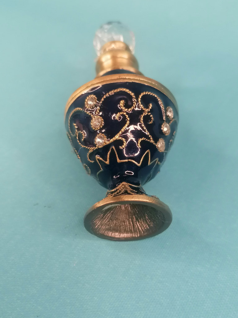 4-inch Vintage Enamel Glass and Crystals Perfume Scent Dressing Table Bottle.