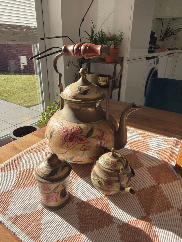Solid Brass Teapot Enamel Floral set - Design Vintage