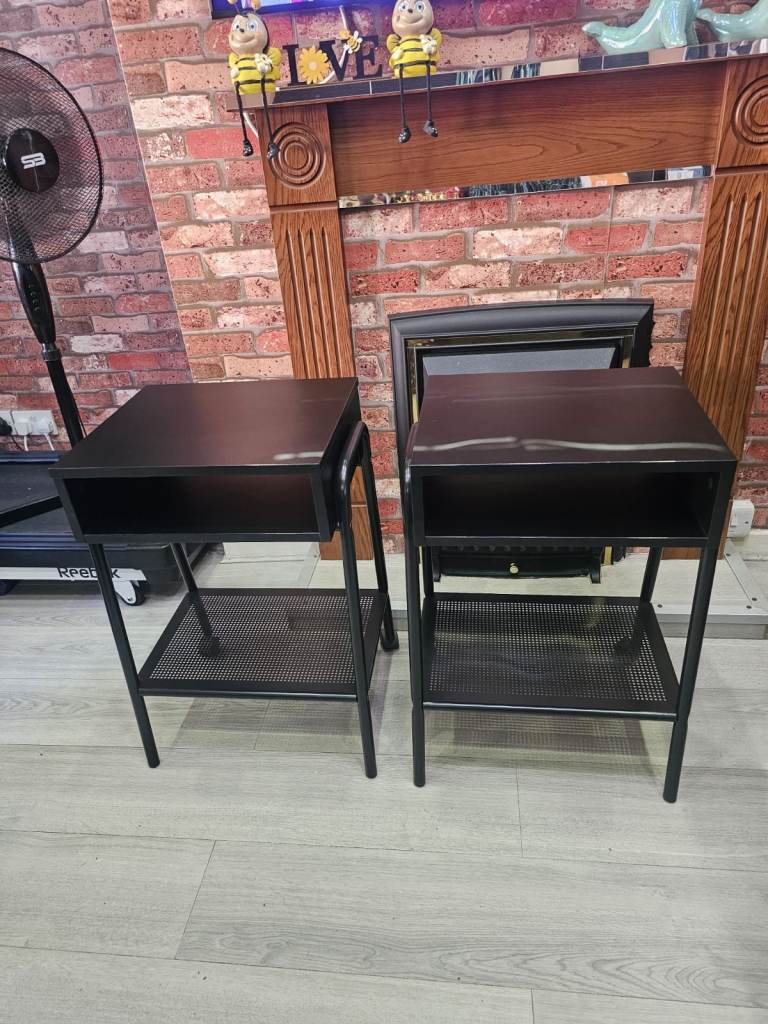 Pair of Black Metal Side Tables with Storage and wheels 