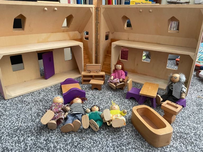 Wooden Doll's House with Furniture and Dolls
