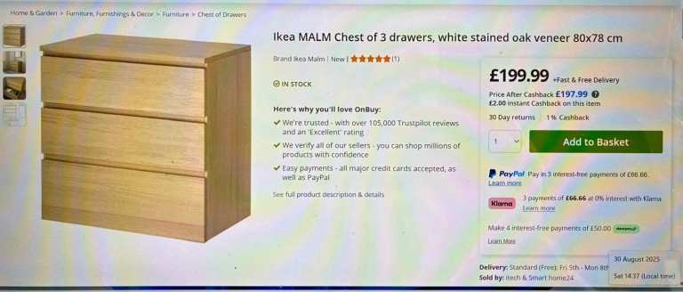 Ikea 3 drawer MALM chest of drawers in oak veneer unopened still in box 