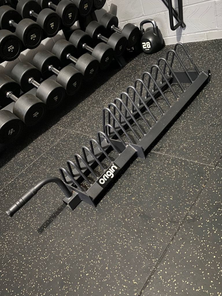 Origin branded commercial olympic bumper plate & fractional weight toaster rack.