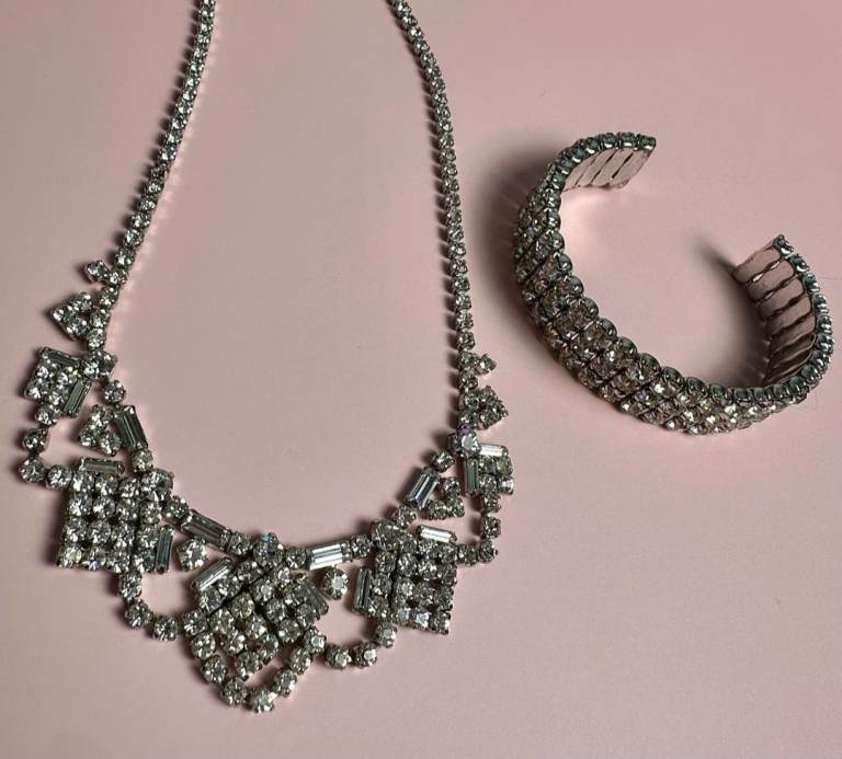 Vintage 1950s Clear Rhinestone Silver Tone Bib Choker Necklace & Bracelet Set