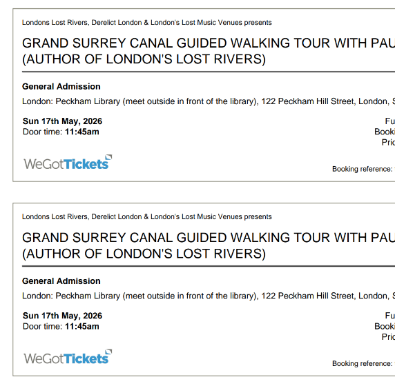 2x Tickets Sunday GRAND SURREY CANAL GUIDED WALKING TOUR WITH PAUL TALLING