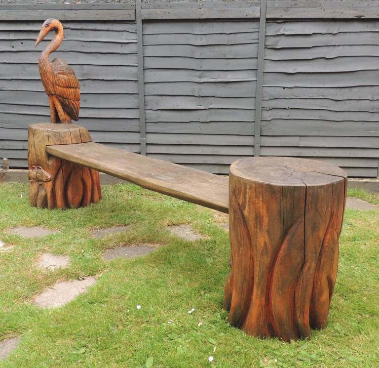 Chainsaw Carved Bench With Heron Sculpture Fish Reeds Bulrushes Garden Furnature