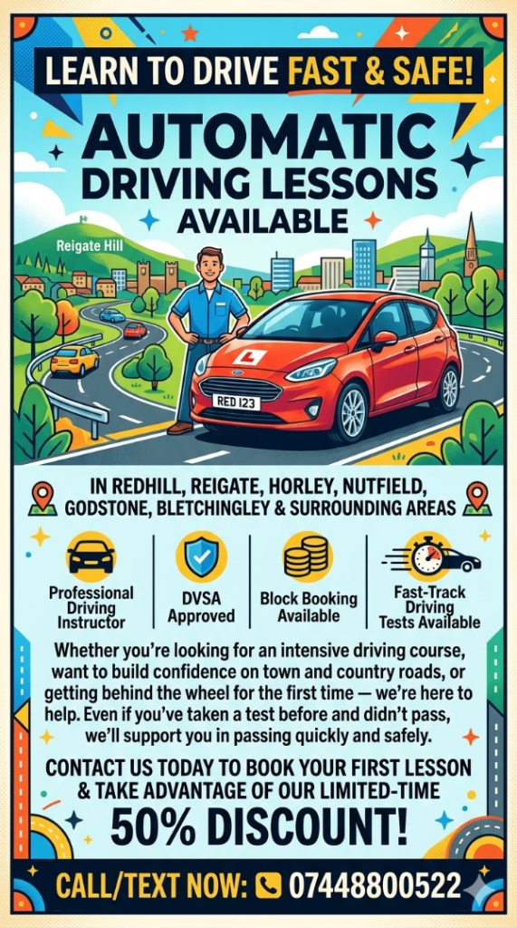 Driving lessons automatic Reigate, Redhill and surround areas